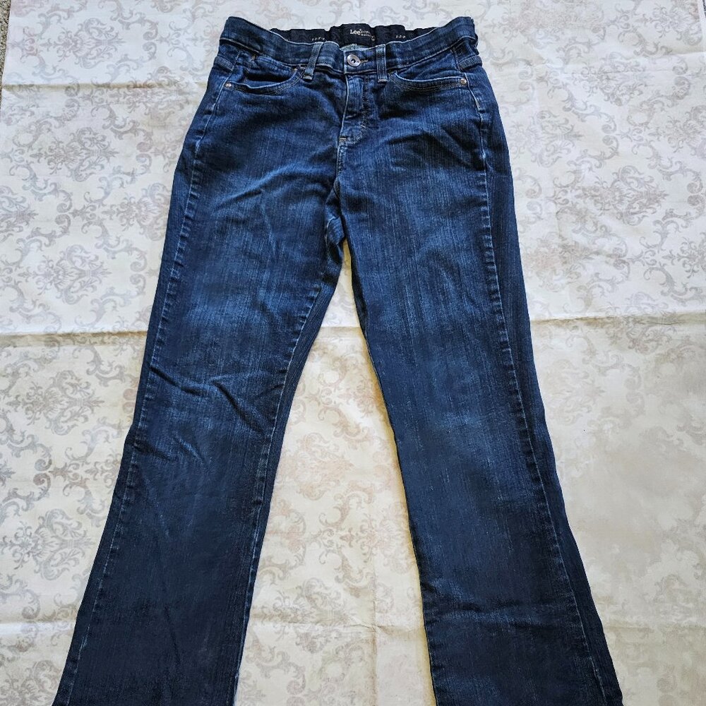 Lee Sz 8 M Stretch Elastic Waist Dark Deep Blue Denim Boot Cut Jeans Comfort